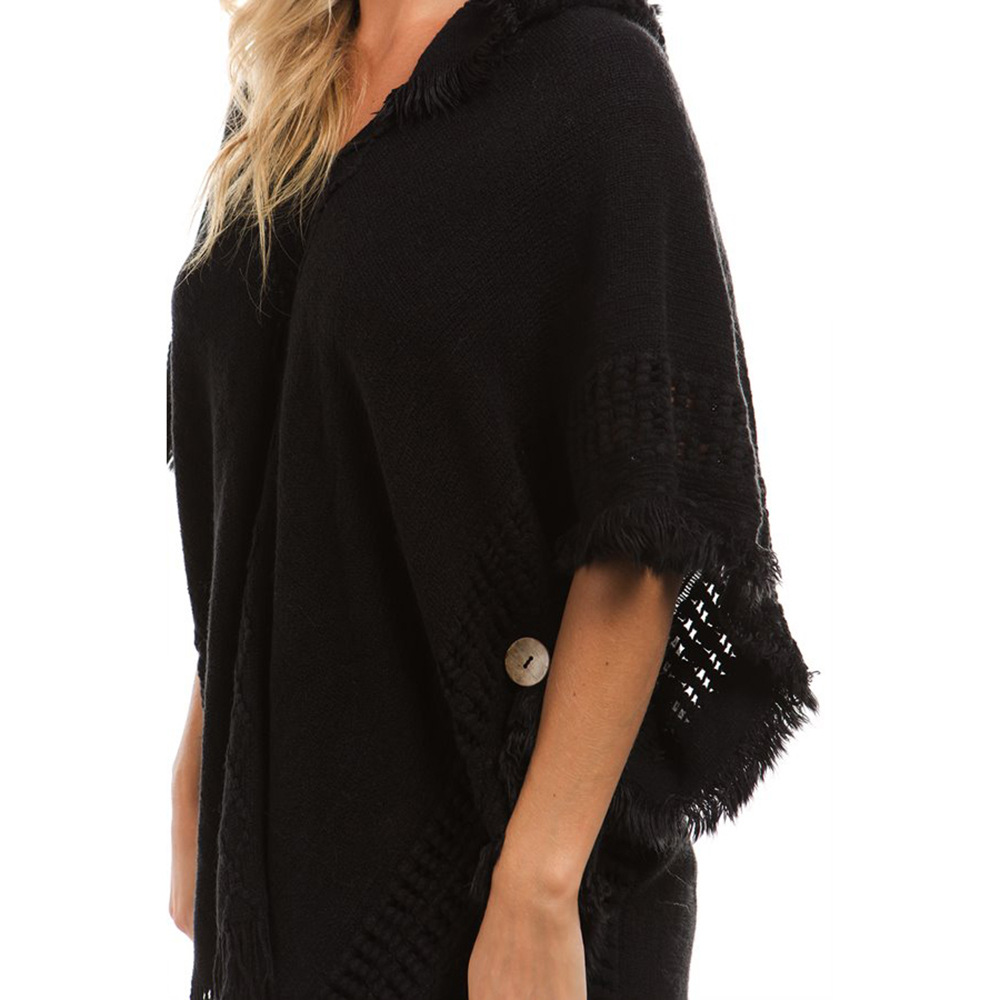 SZ60179-3 Ladies Women Knitting Crochet Black Hooded Short Sleeve Sweaters Shawl